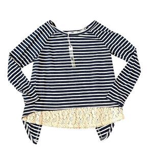 YA Los Angeles Blue & White Striped Shirt with Lace Accent Shabby Chic Top M NWT